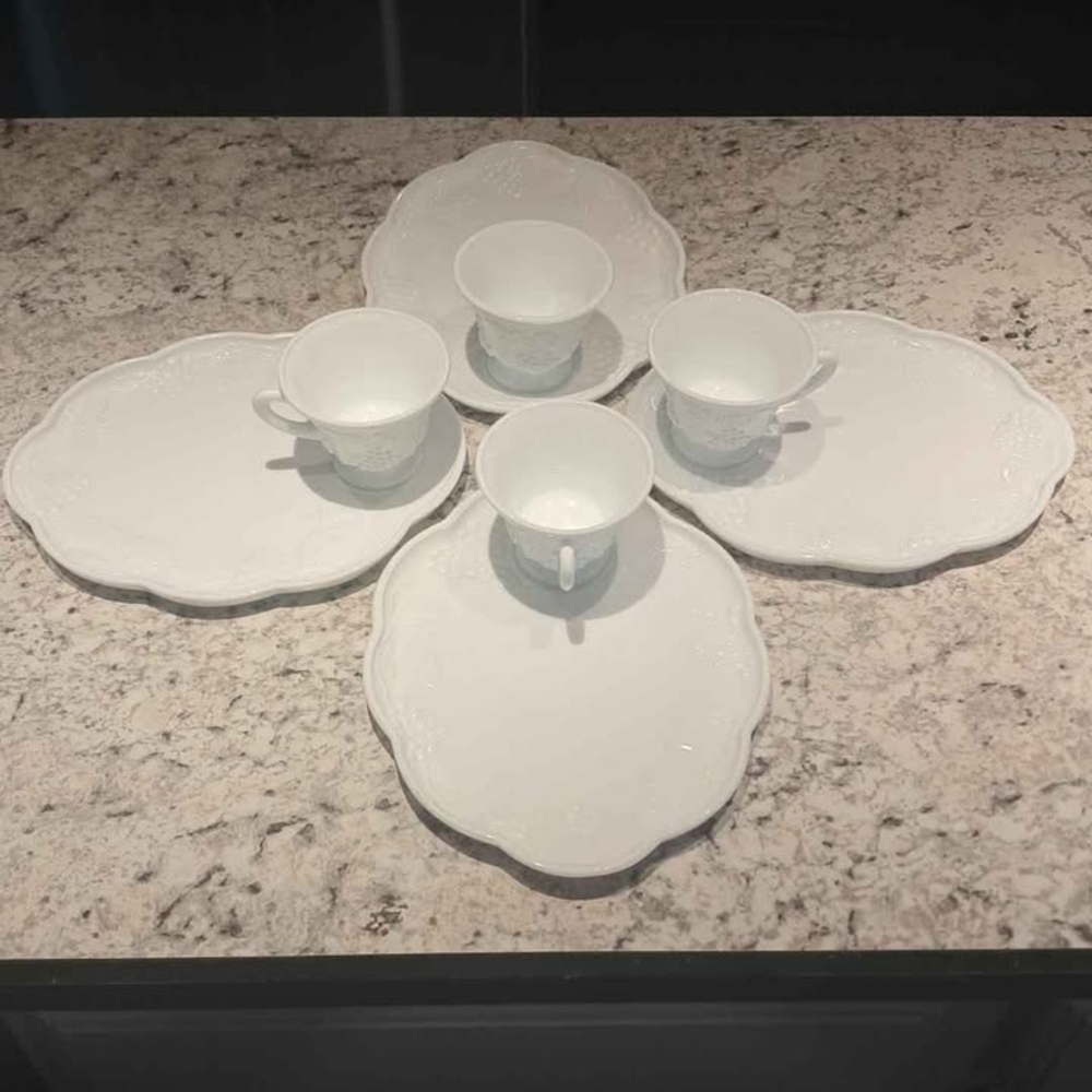Vintage Milk Glass 8 Piece Snack Set Feat. "Harvest Grape" Pattern 1950's